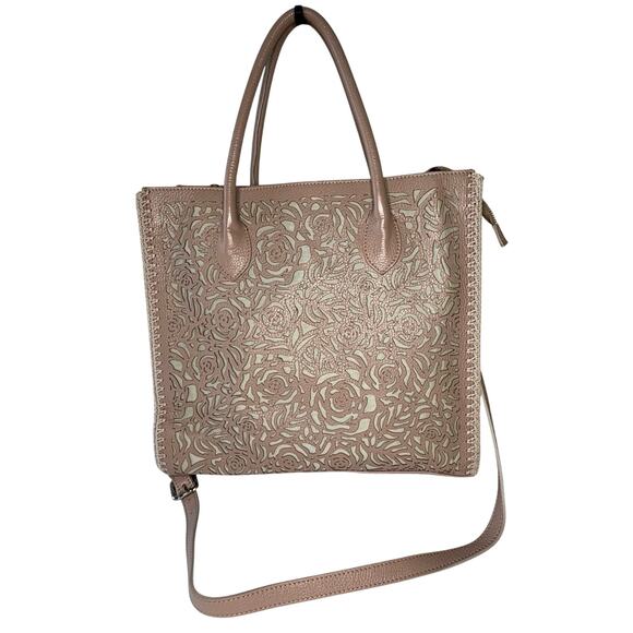 Roberto Pancani Laser Cut Leather Tote Satchell Crossbody | Tan Peach Italy - Picture 2 of 14